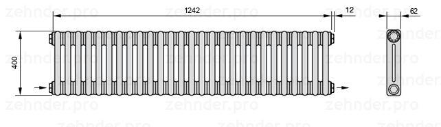 Схема (чертеж) Радиатор Zehnder Charleston 2040/27 №2670 Белый глянцевый RAL 9016